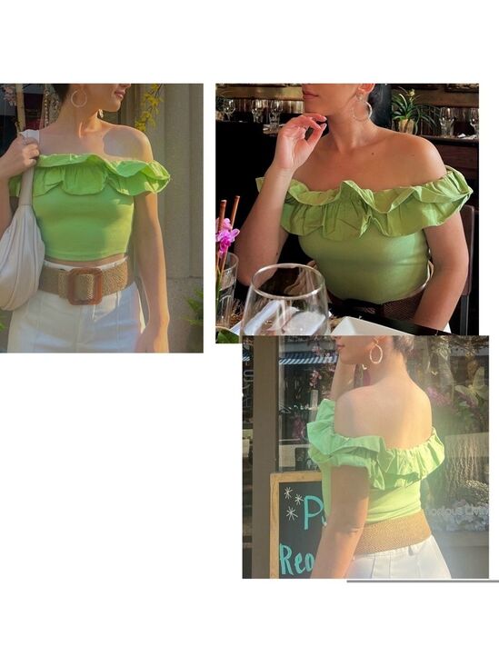 Zara Tops - Zara green ribbed ruffle frill neckline off the shoulder fitted crop top M NWOT